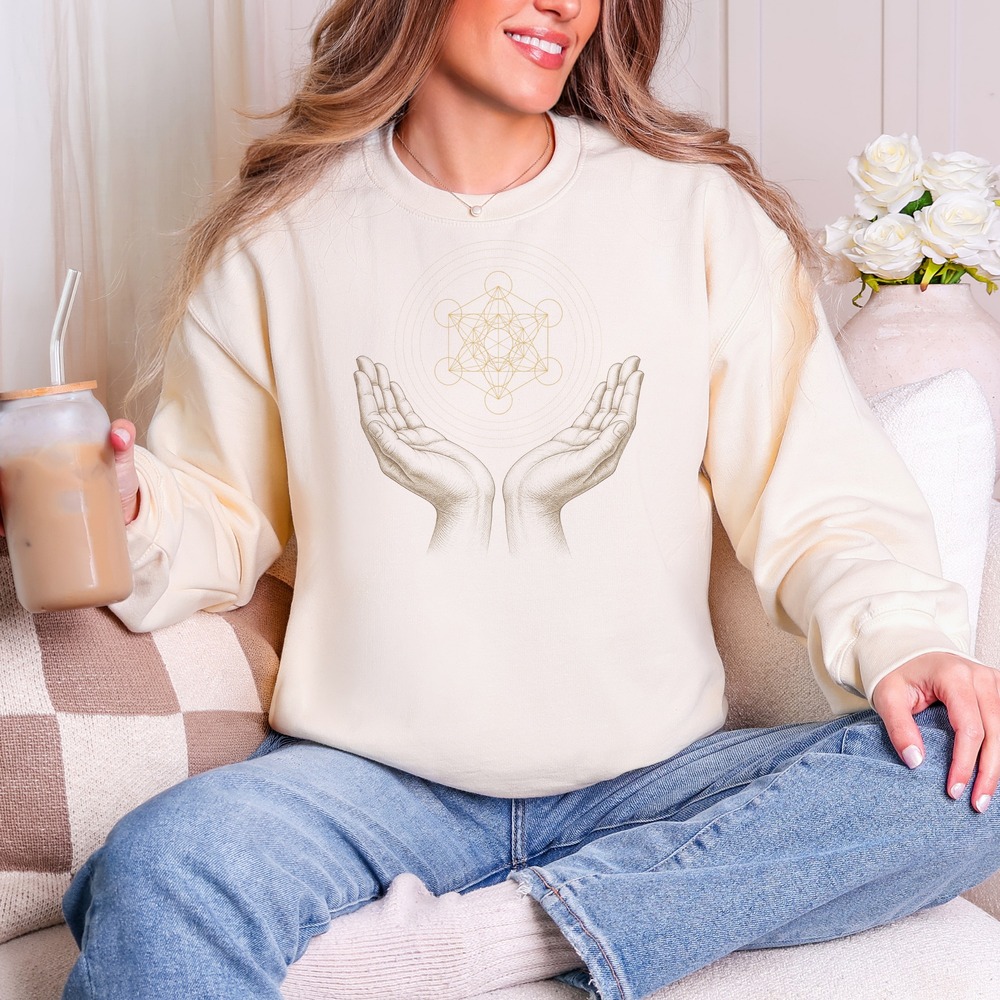 Hands Cradling Sacred Geometry Symbol Metatrons Cube Sweatshirt